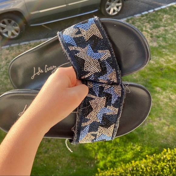 Lola Cruz CUTE Navy Slides with Jean Star Diamond - Picture 4 of 5